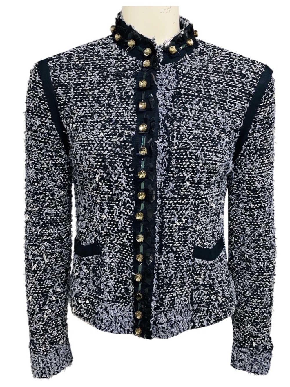 LANVIN NAVY BLUE CHENILLE TWEED KNIT JACKET WITH RHINESTONE COLLAR